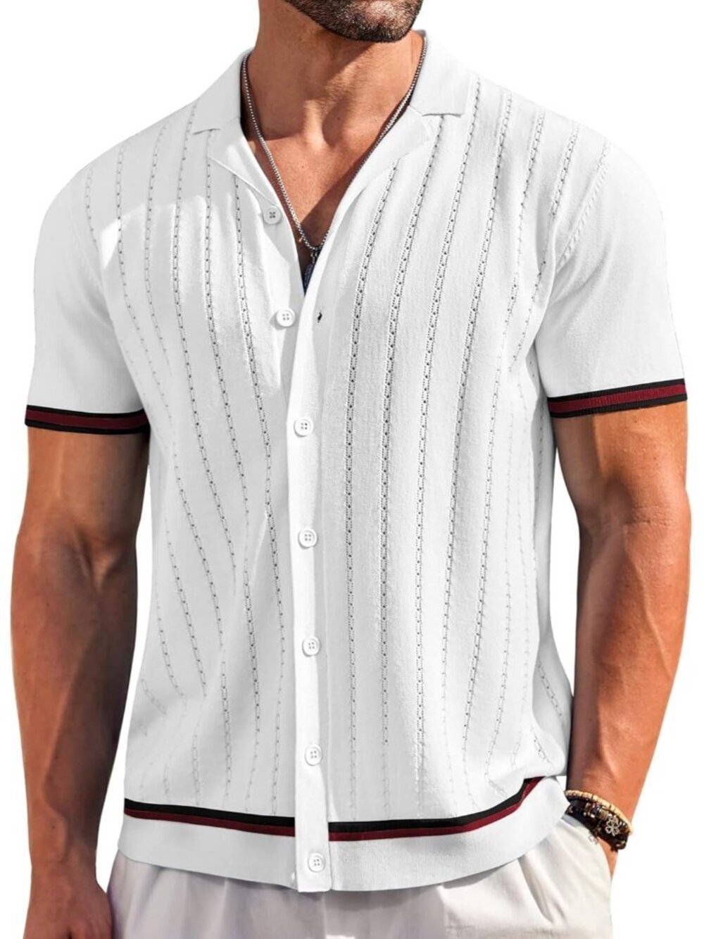 Men's White Short Sleeve Knit Casual Button Down Vintage Striped Top Shirt